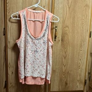 Peach colored white lace tank top
